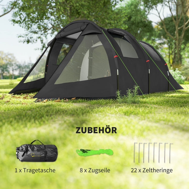 Campingtelt, trekkingtelt, vejrbestandigt, 2 rum, 475 x 264 cm (bredde x højde), sort