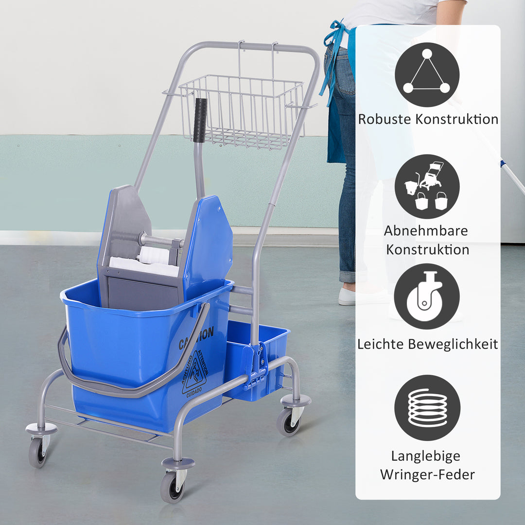 Rengøringsvogn, moppevogn, 25 l kapacitet, 4 hjul, plastik, blå