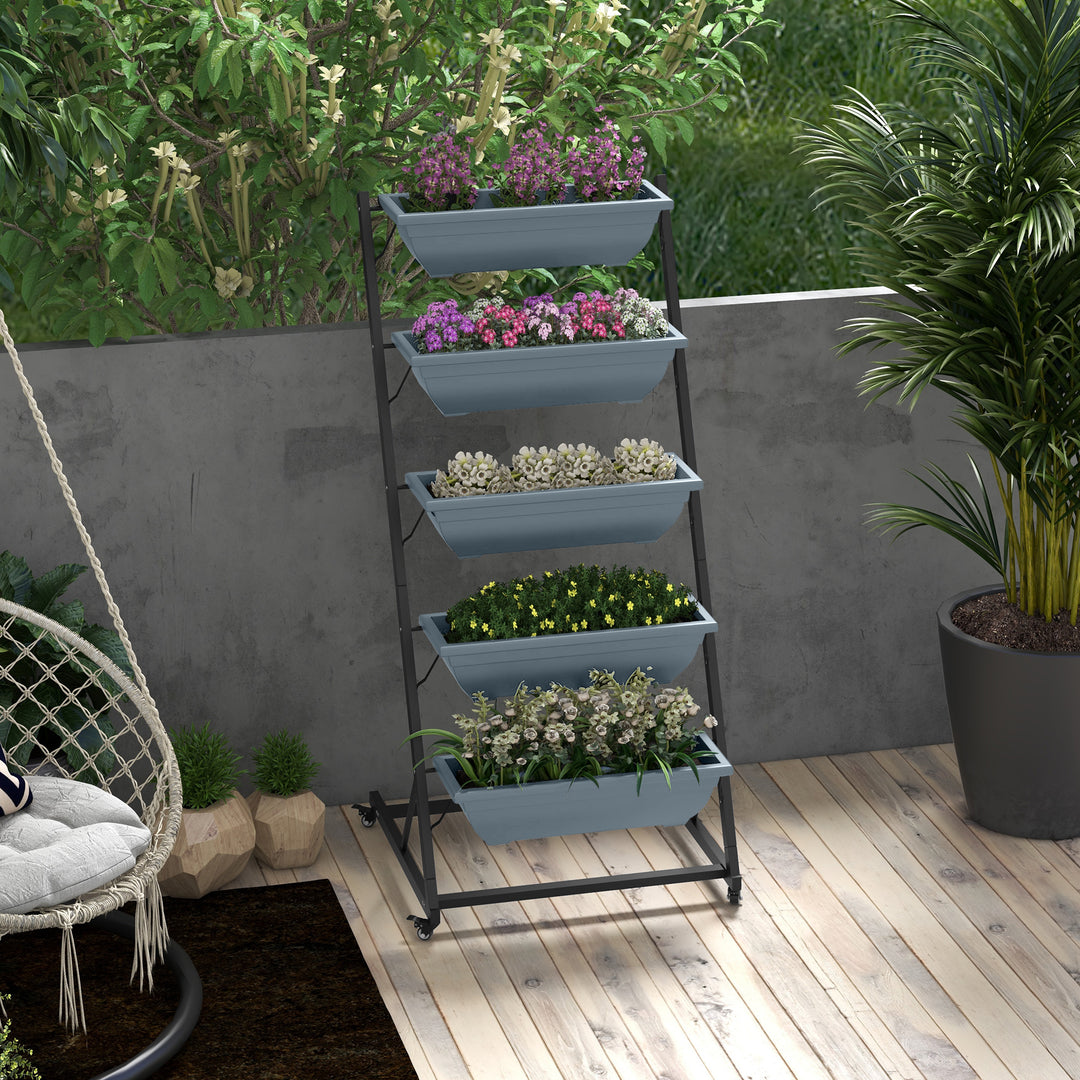 Plantestativ, blomsterstativ, plantehylde, stabelbar, vejrbestandig, 65 x 67 x 145 cm, grå + sort
