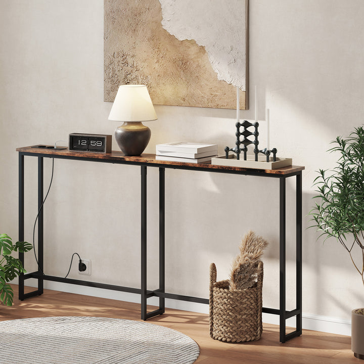 Slankt konsolbord med ladestation, industriel stil, stålstel, brun