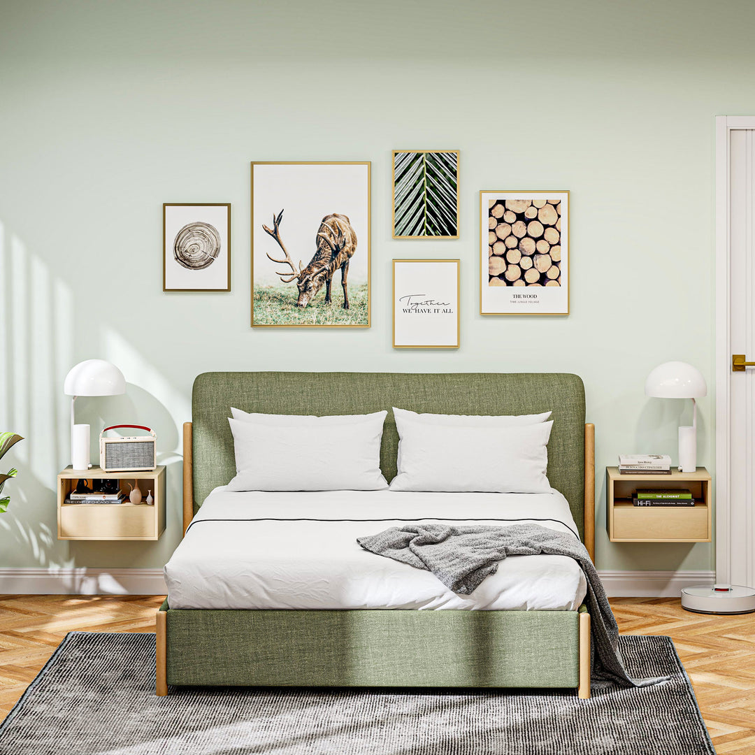 2-Delt vægmonteret natbordssæt, sengebord, natbord, spånplade, naturlig, 45 x 35 x 27,5 cm