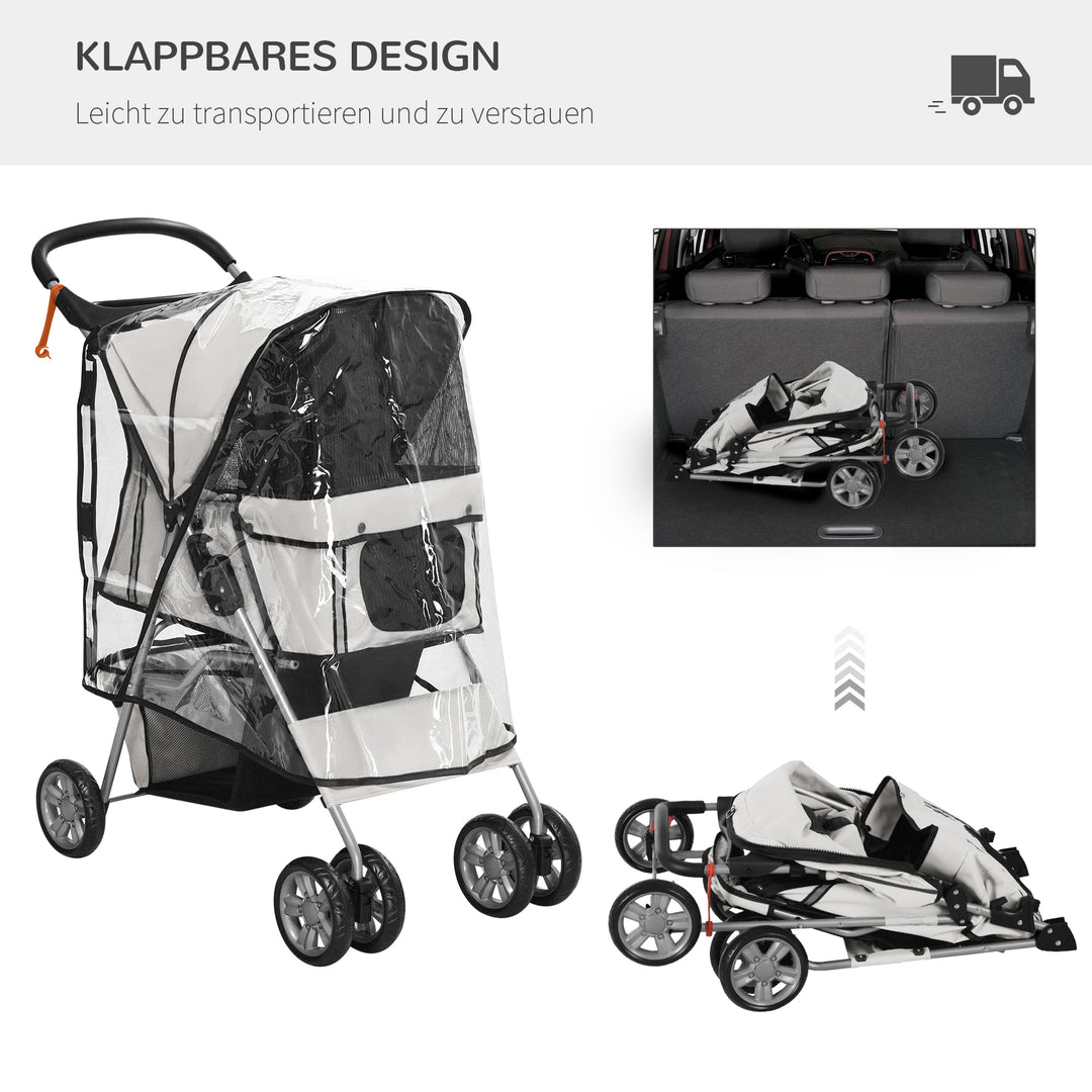 Dog buggy hundevogn op til 10 kg sammenklappelig regnovertræk bundkurv 2 kopholdere 75 cm x 45 cm x 97 cm grå