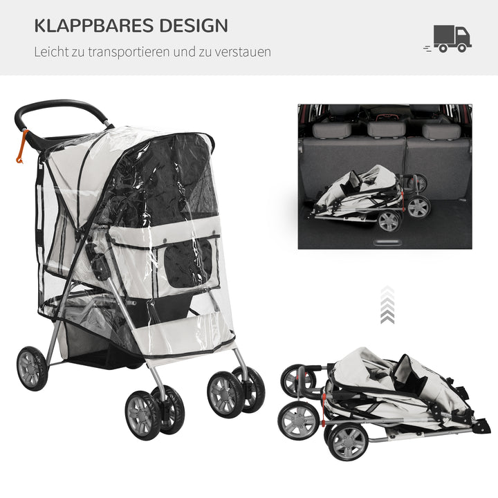 Dog buggy hundevogn op til 10 kg sammenklappelig regnovertræk bundkurv 2 kopholdere 75 cm x 45 cm x 97 cm grå