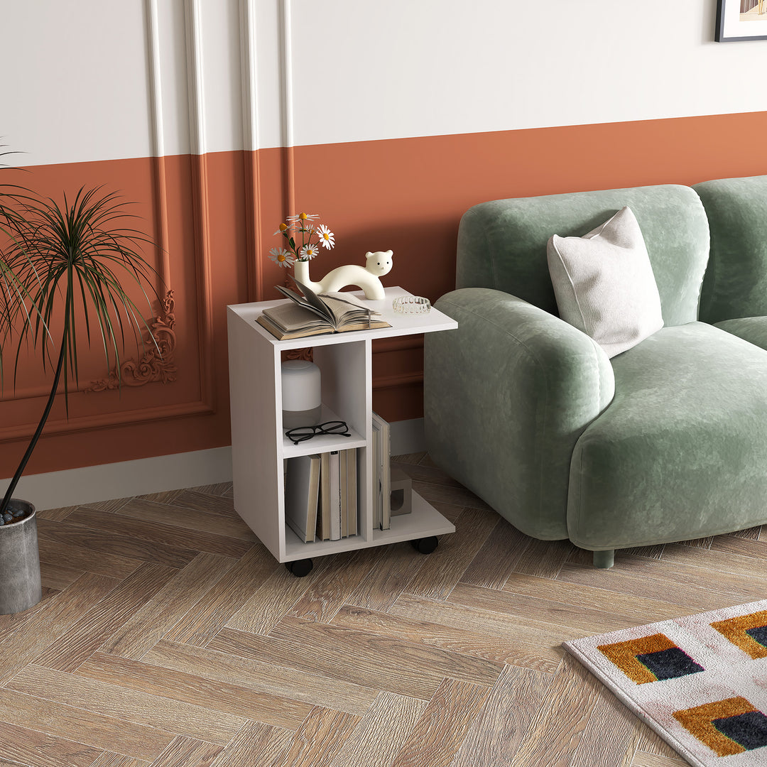 C-formet sidebord, sofabord, hjørneskrivebord, med hjul, e1 spånplade, 45 x 35 x 58 cm, hvid