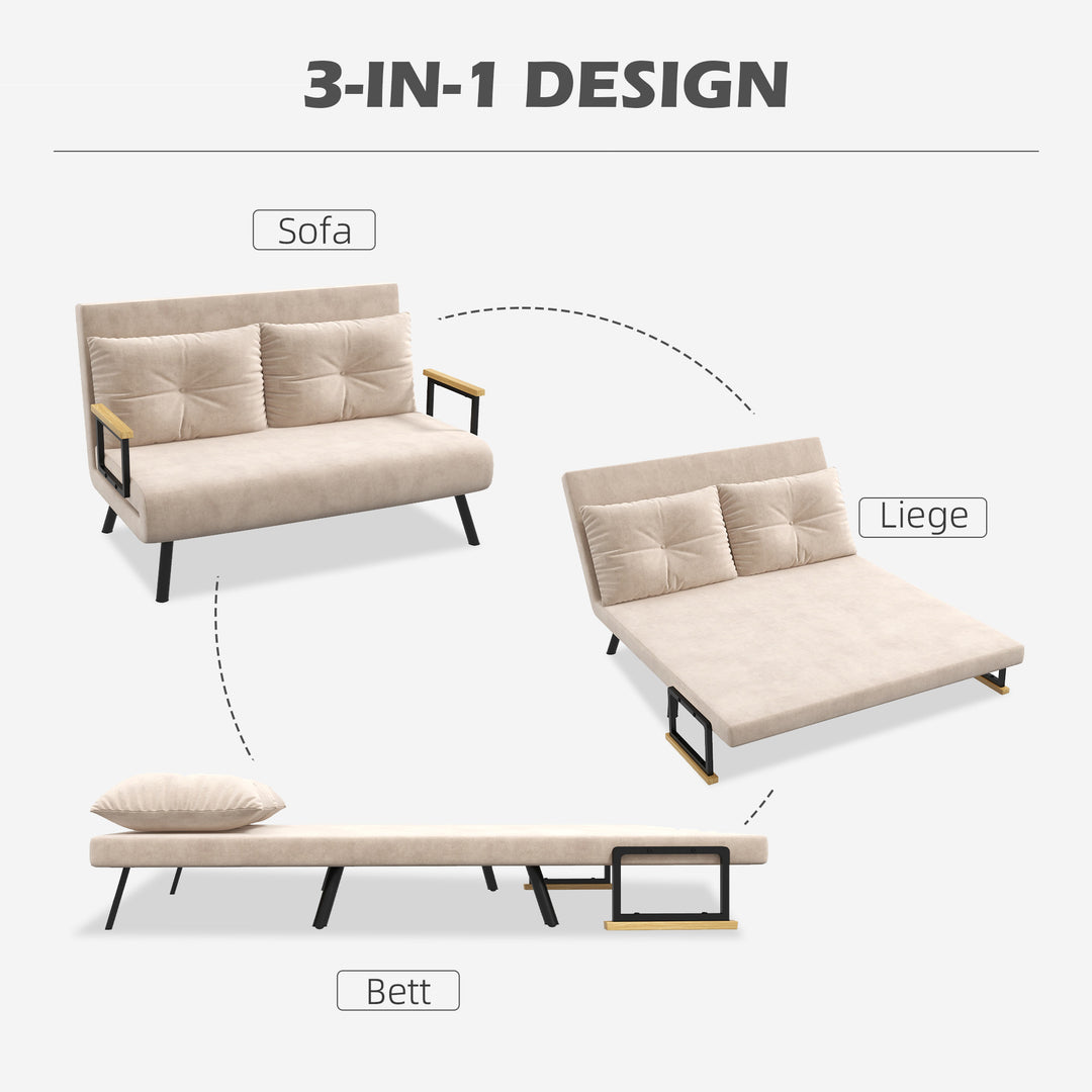 2-Personers sovesofa, fløjlsofa, sovefunktion, inklusive 2 puder, fløjlslook, naturlig + beige + sort