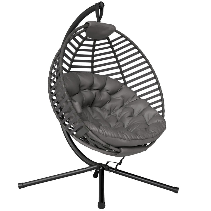 Hængestol med ramme, ægformet hængegynge med bløde sædehynder, grå