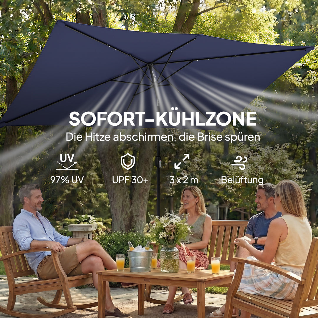 LED solcelleparasol, ca. 300 x 200 cm, vipbar balkonparasol med håndsving, beskyttelsesovertræk, UV-beskyttelse, drejelig, marineblå