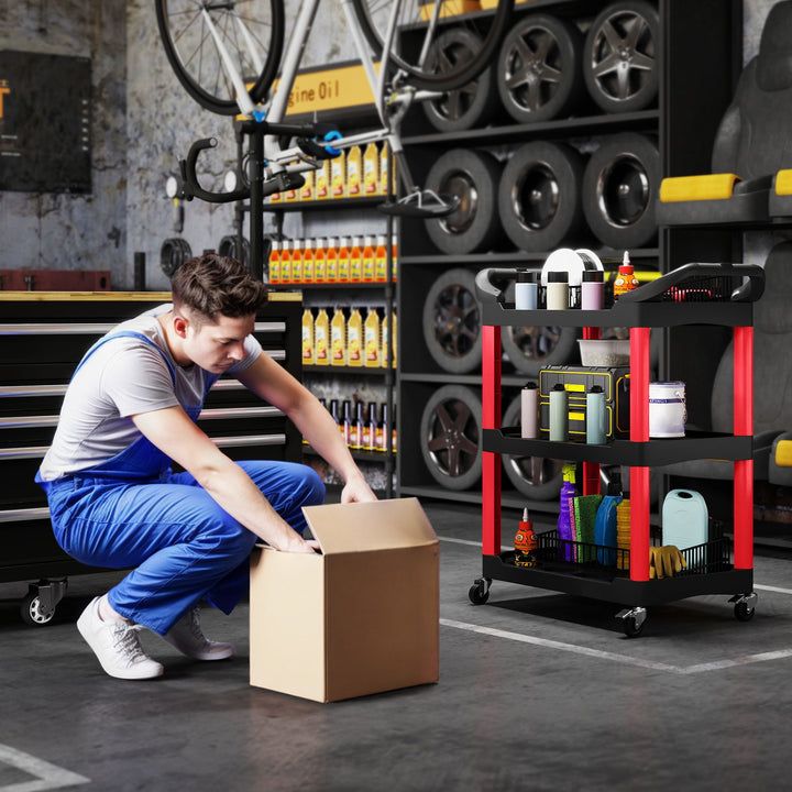 3-lags værktøjsvogn med sidehåndtag og hjul, plastik, rød