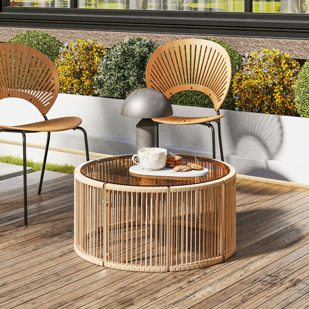 Sidebord af polyrattan, sofabord med hærdet glasplade, havebord med stålstel, 70 x 70 x 33 cm, brun