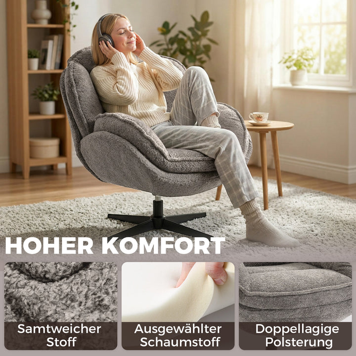 Moderne lænestol med vingerygge, fløjlslænestol med firkrydsede fodstykker, S-fjedre, 360° drejefunktion, grå