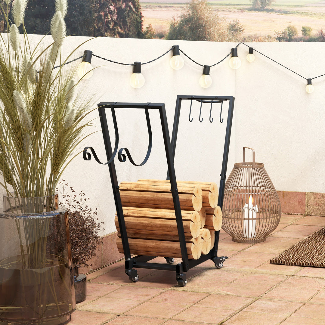 Brændereol, trapezformet design, pulverlakeret metal, mobil med hjul, 79 x 30 x 81 cm, sort