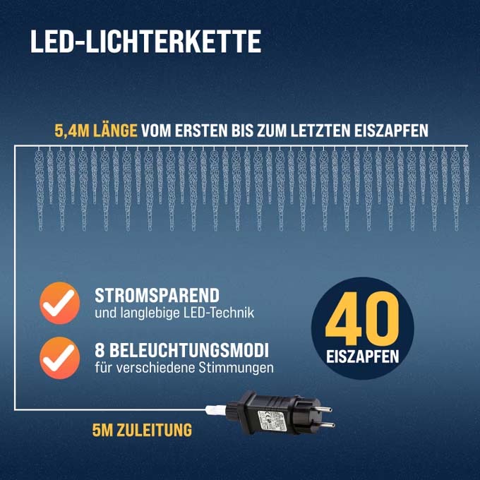 Lyskæde i form af smukke istapper, 40 LED'er, 10,4 meter