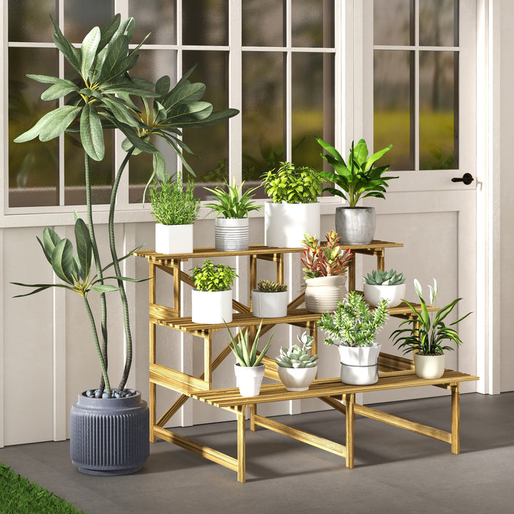 Plantestige, blomsterstige, blomsterhylde, plantehylde, blomsterstativ, 3 niveauer, fyrretræ, 120 x 80 x 78 cm