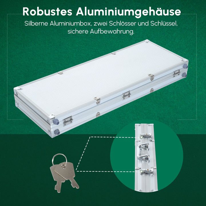 Pokersæt, 500 chips, 2 sæt kort, 5 terninger, aflåselig aluminiumskasse
