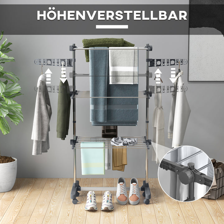 Tørrestativ. 4 niveauer, foldbar, et-klik-system, 142 cm x 55 cm x 152 cm, blå + sølv