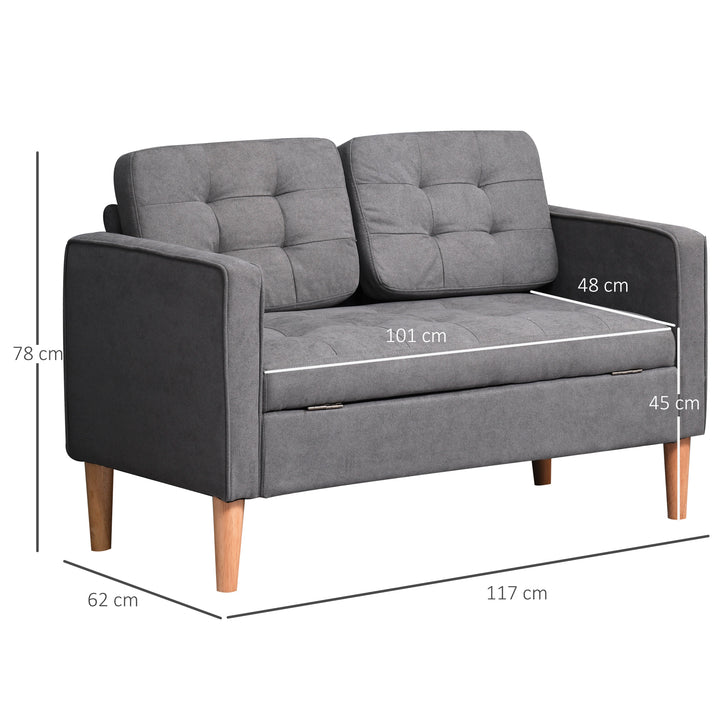 2-personers sofa, sofa med opbevaring, træben, polstret sofa med fløjlslook til stue, soveværelse, 117 x 62 x 78 cm, grå