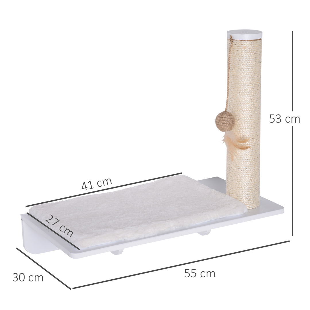 Klatrevæg til katte, vægmonteret kradsetræ, katteligger med kradsetræ, 53 cm kattehylde med boldlegetøj, plysmåtte, kradsetræ til katte, kattesøjle, hvid