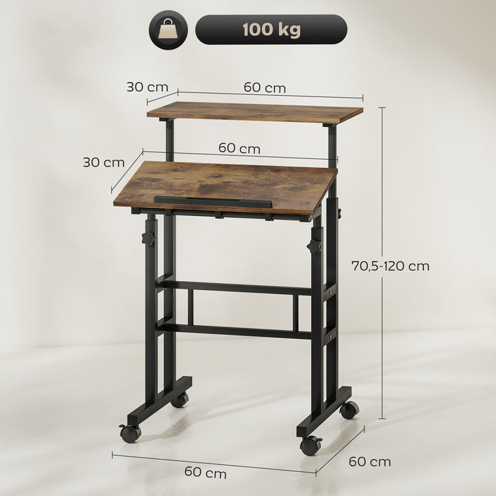 Højdejusterbart skrivebord, køkkenbord med hylde, hjul, rustikt brunt computerbord, 60 x 60 x 70,5-120 cm