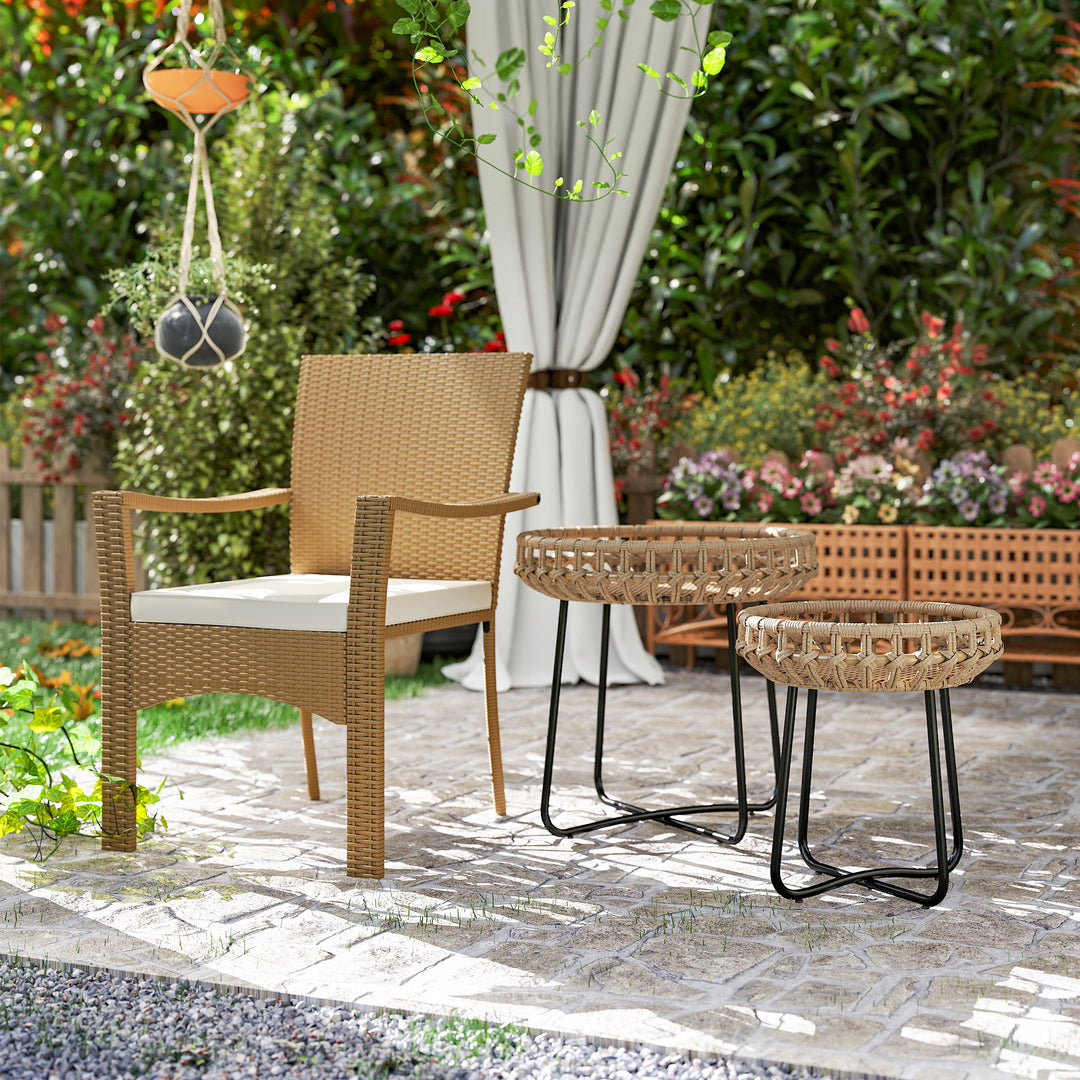 Sæt med 2 sideborde i polyrattan 60/41 cm rundt, vejrbestandigt havebord med x-ben, justerbare fodpuder, brun