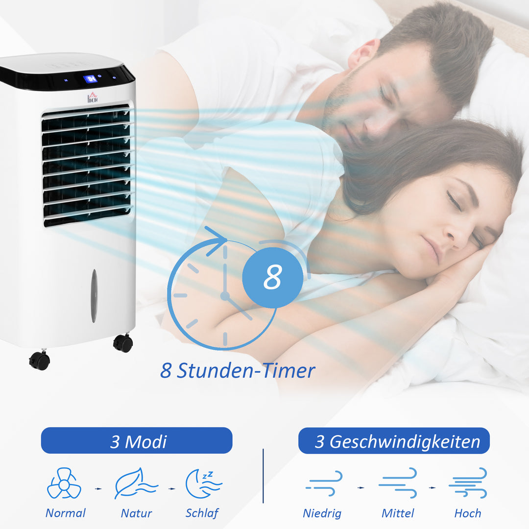 Bærbar luftkøler, 3-i-1 fordampningskøler, luftfugter, ventilator, 10L luftkøler med fjernbetjening, LED-berøringspanel, 3 hastigheder, timer, oscillation, hvid
