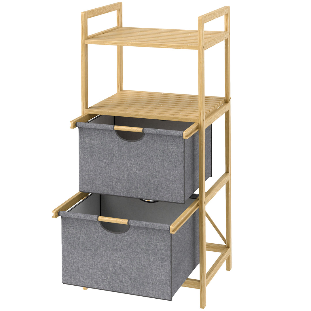 Bambus vasketøjsstativ med 2 stofkurve, åbne hylder, pladsbesparende, naturtræ