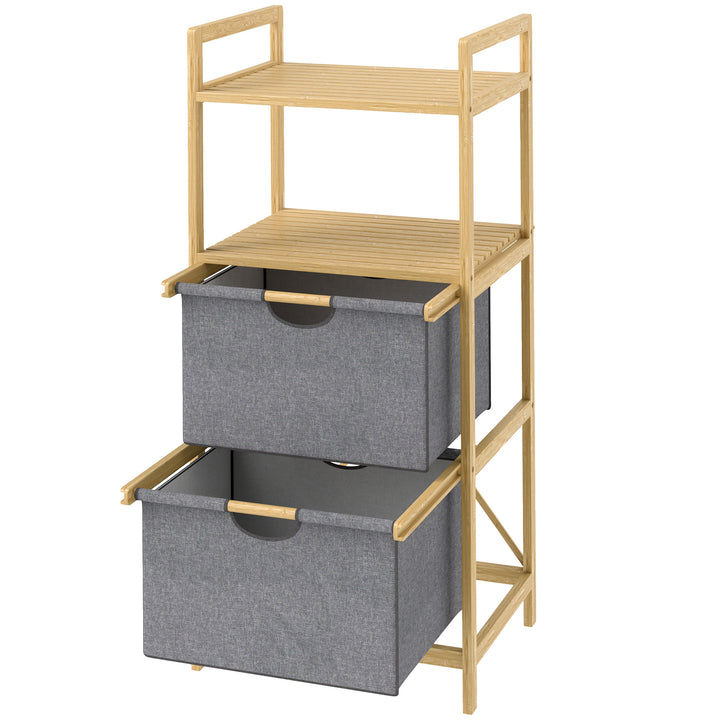 Bambus vasketøjsstativ med 2 stofkurve, åbne hylder, pladsbesparende, naturtræ