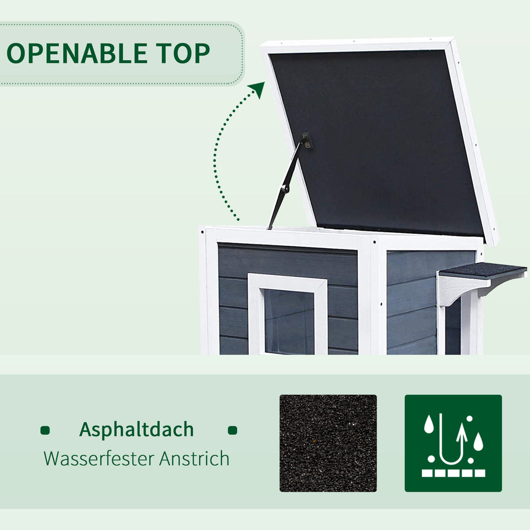 Trækattehus 2 etager vintertæt vandtæt kattehus med asfalttag trappe vindue kattehule udendørs ly til udendørs have balkon 51 x 51 x 81,3 cm grå