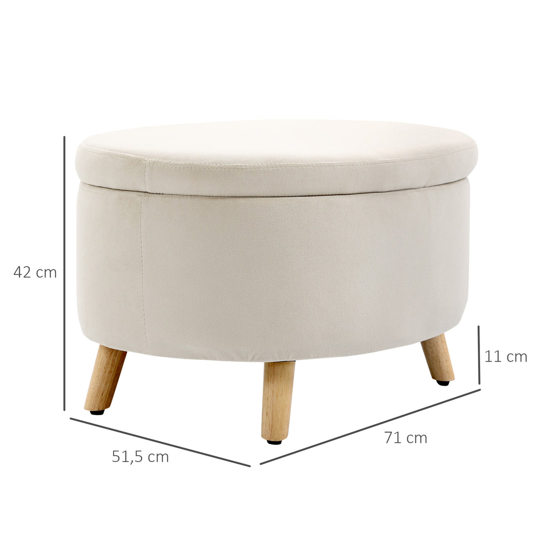 Bænk med opbevaringsplads, skammel, oval form, fløjlslook, op til 120 kg, 71 x 51,5 x 42 cm, beige