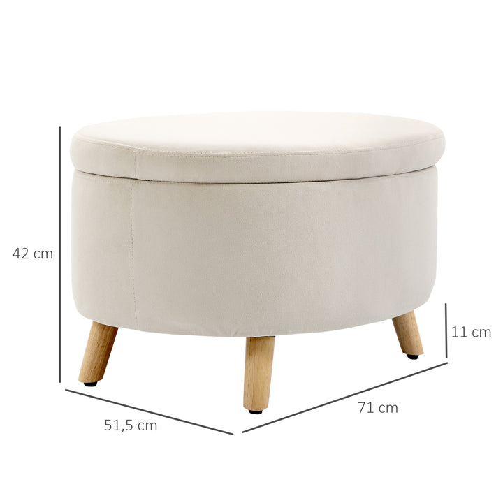 Bænk med opbevaringsplads, skammel, oval form, fløjlslook, op til 120 kg, 71 x 51,5 x 42 cm, beige