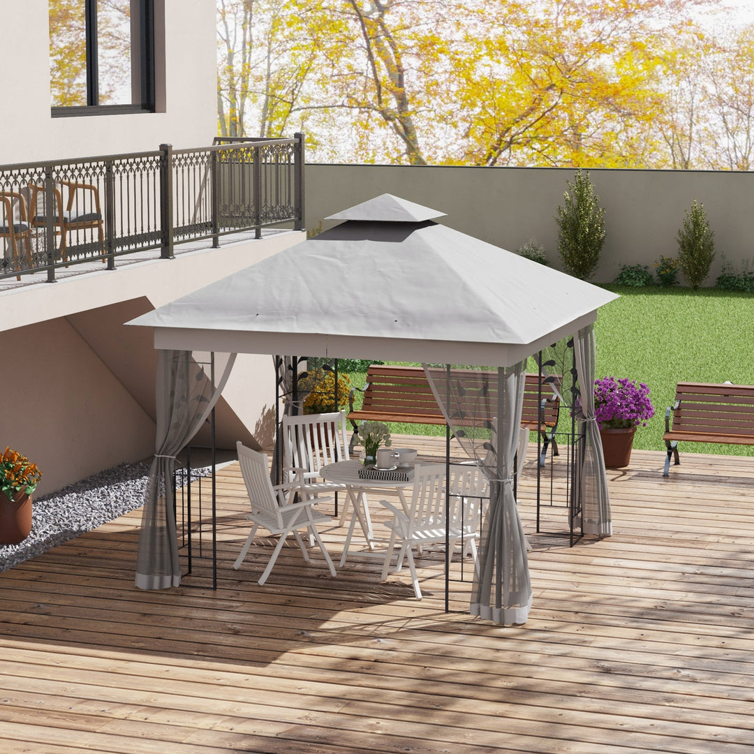 Pavillon med dobbelttag, 3x3 m, vandafvisende, stabil, vintersikker, havepavillon med myggenet, lysegrå