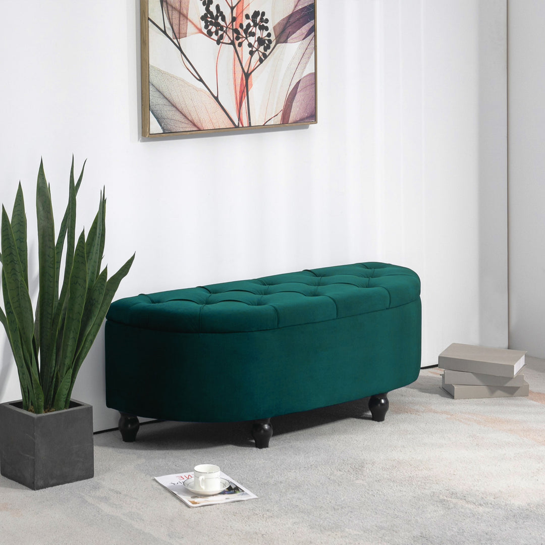 Opbevaringspuf, polstret, softclose-låg, fløjlslook, 120 x 46 x 42 cm, mørkegrå
