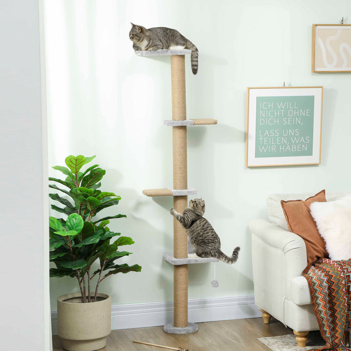 Kradsetræ til katte, 5-lags design, legetøj, sisalpæle, plysstof, lysegrå