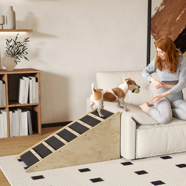 Kæledyrstrappe, hundetrappe, fyrretræ, skridsikker belægning, 90 cm x 40 cm x 45 cm, natur + grå