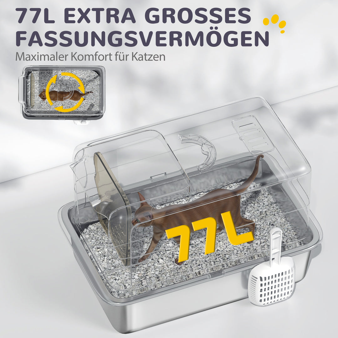 Kattebakke, bakke i rustfrit stål, filter, ske, til katte op til 6 kg, 40,5 x 60,5 x 41,5 cm, hvid/sølv