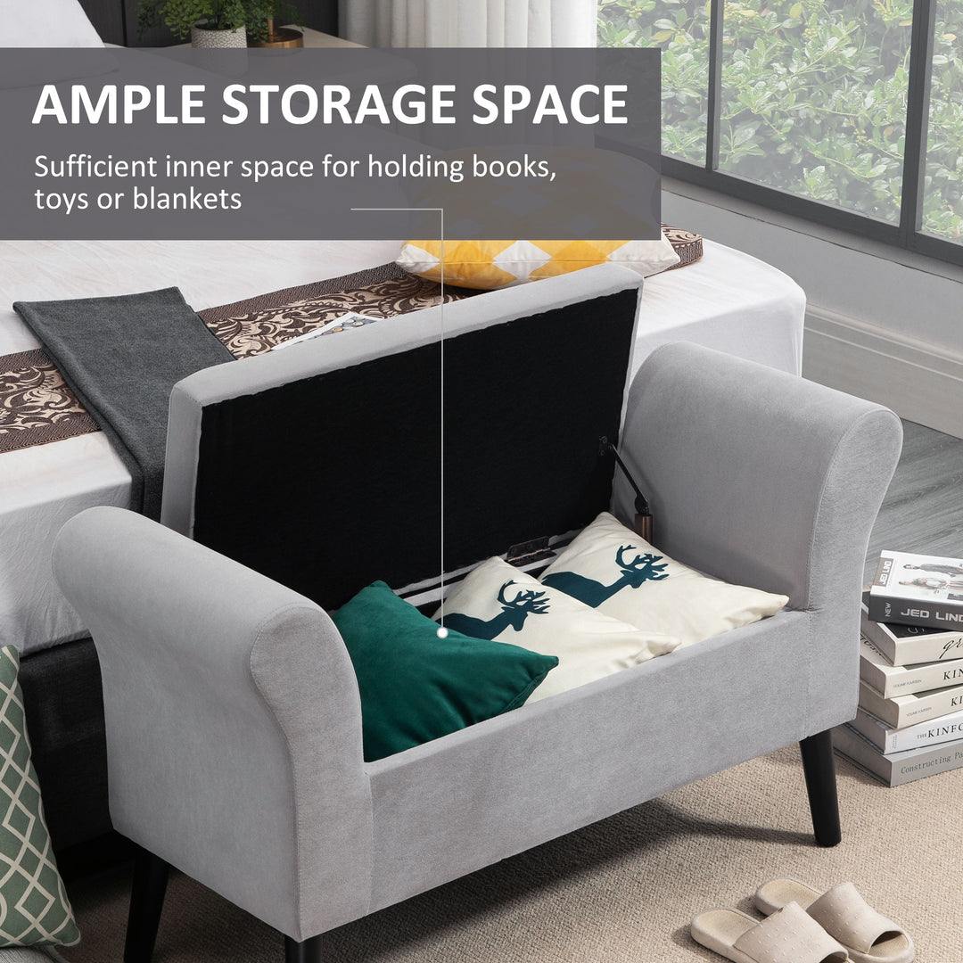 Polstret bænk med opbevaringsplads, kommodebænk med armlæn, 46 cm sædehøjde, fløjlspolyester, 111,5 x 41 x 65 cm, lysegrå