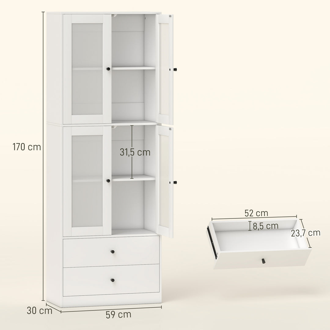 Køkkenskab med skuffer og vitrinelåger, melaminoverflade, hvid