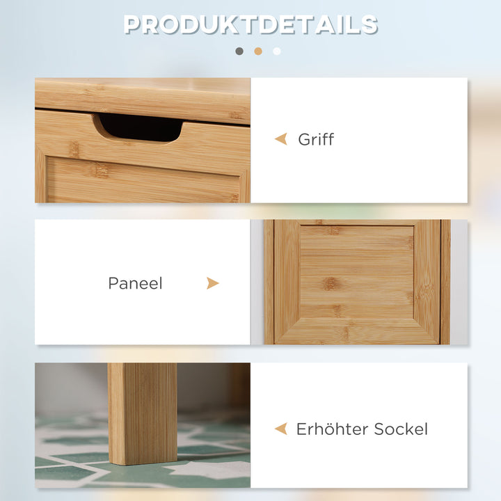 Badeværelsesskab i bambus, 1 hylde, 2 skuffer, 30 cm x 30 cm x 90 cm, naturfarvet