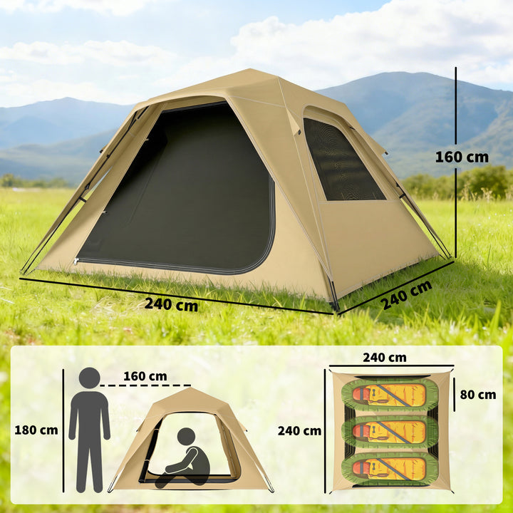 Pop-up-telt med regnslag, vandtæt kuppeltelt til 2-3 personer med 2 døre og 2 vinduer, 240x240x160 cm, khaki
