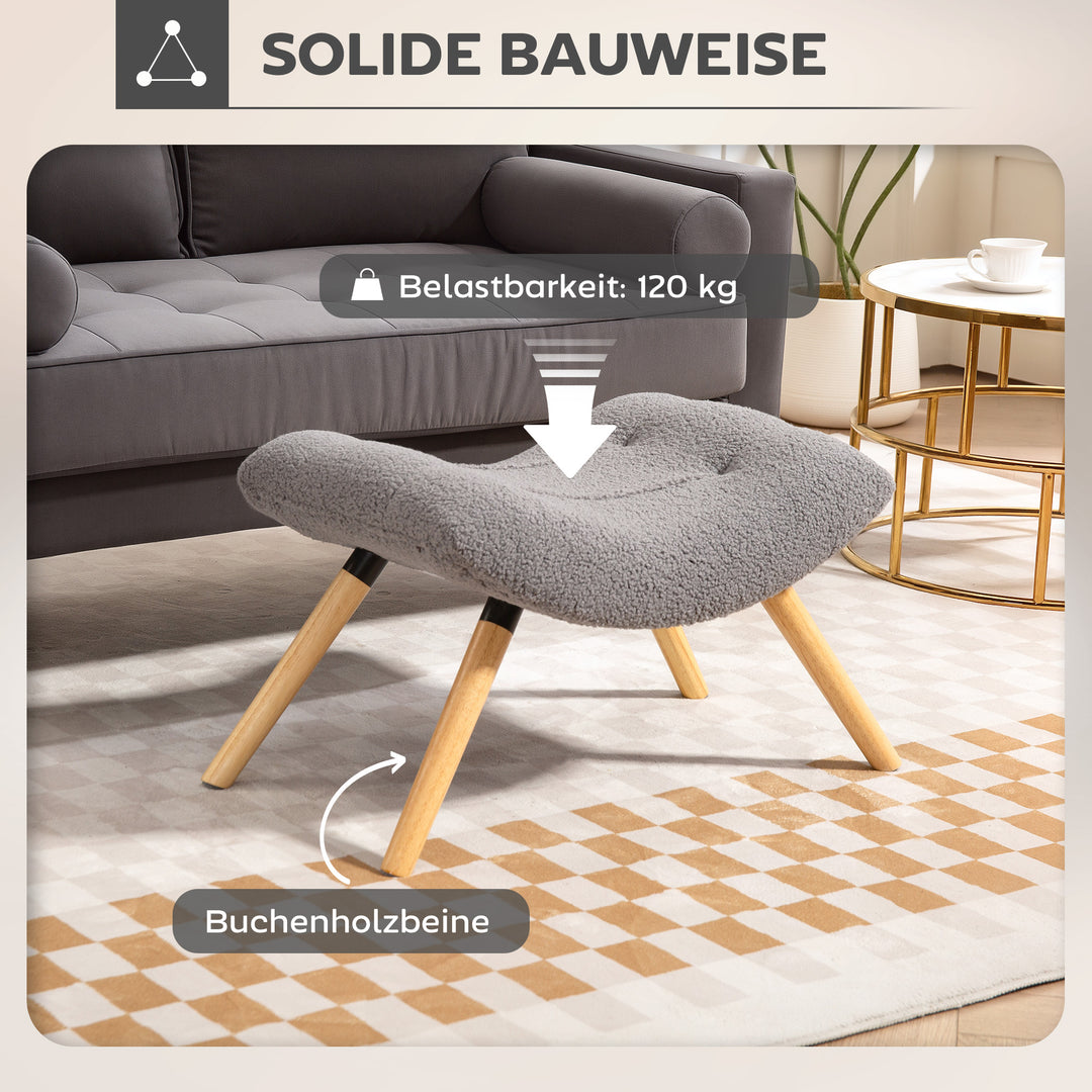 Moderne fodskammel med fleecebetræk og træben, polstret, til stue, soveværelse, entré, lysegrå