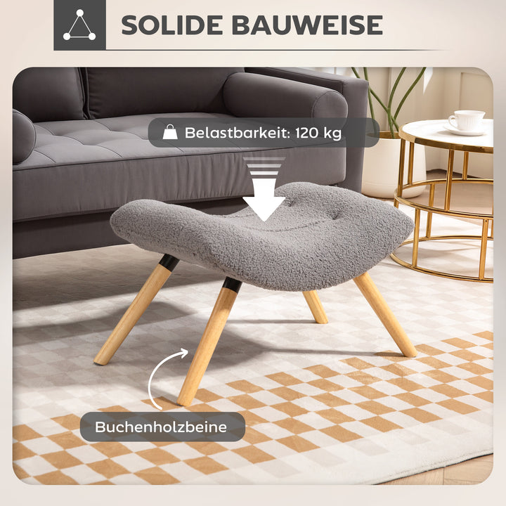 Moderne fodskammel med fleecebetræk og træben, polstret, til stue, soveværelse, entré, lysegrå