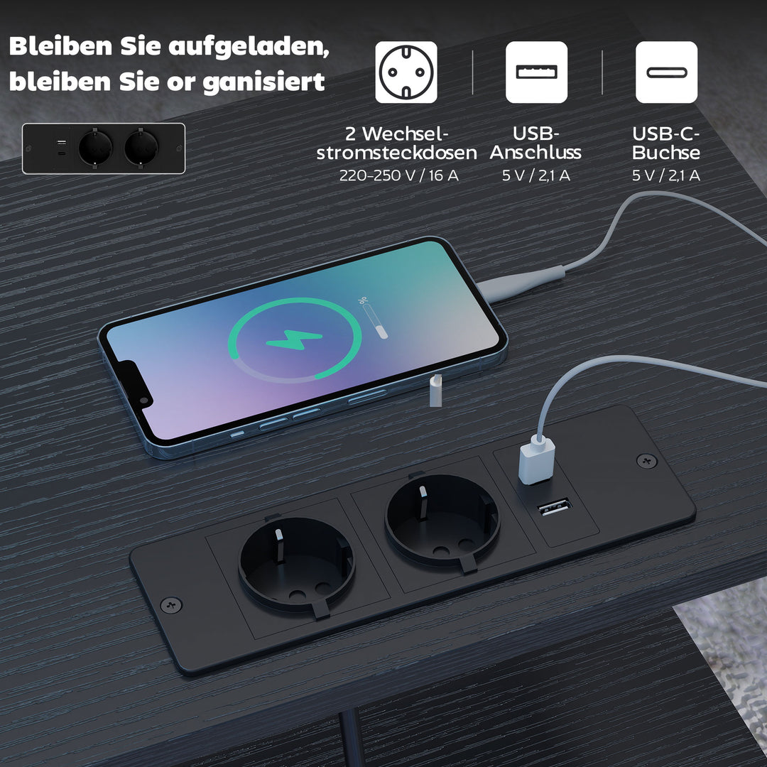 Sofabord/sidebord med ladestation, stålstel, USB-C-porte, skuffer, kroge, 40 cm x 30 cm x 60 cm, sort