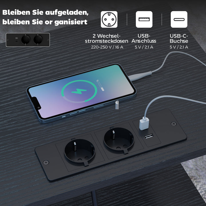 Sofabord/sidebord med ladestation, stålstel, USB-C-porte, skuffer, kroge, 40 cm x 30 cm x 60 cm, sort