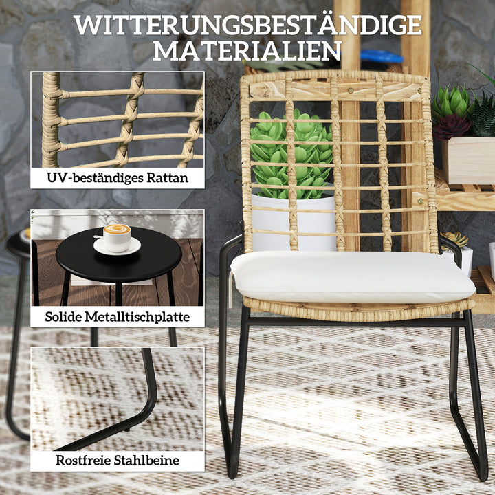3-delt havemøbelsæt, 2 rattanstole, 1 bord med metalplade, sædehynder, bistrosæt, beige og brun