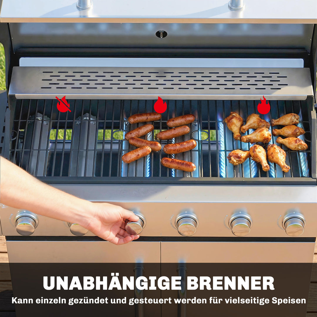 Gasgrill 18,6 KW 6+1 brænder BBQ grillvogn lavet af rustfrit stål inkl. hjul, termometer, varmerist, sidebord, underskab