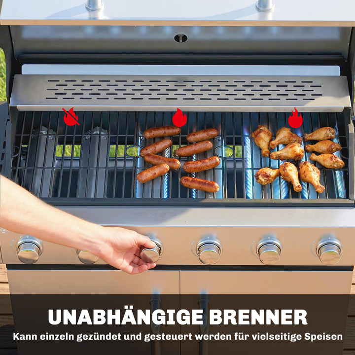 Gasgrill 18,6 KW 6+1 brænder BBQ grillvogn lavet af rustfrit stål inkl. hjul, termometer, varmerist, sidebord, underskab