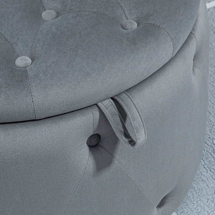 Rund skammel med opbevaringsrum, quiltet design med knapper, betræk i fløjlslook, grå, 60 x 60 x 40 cm