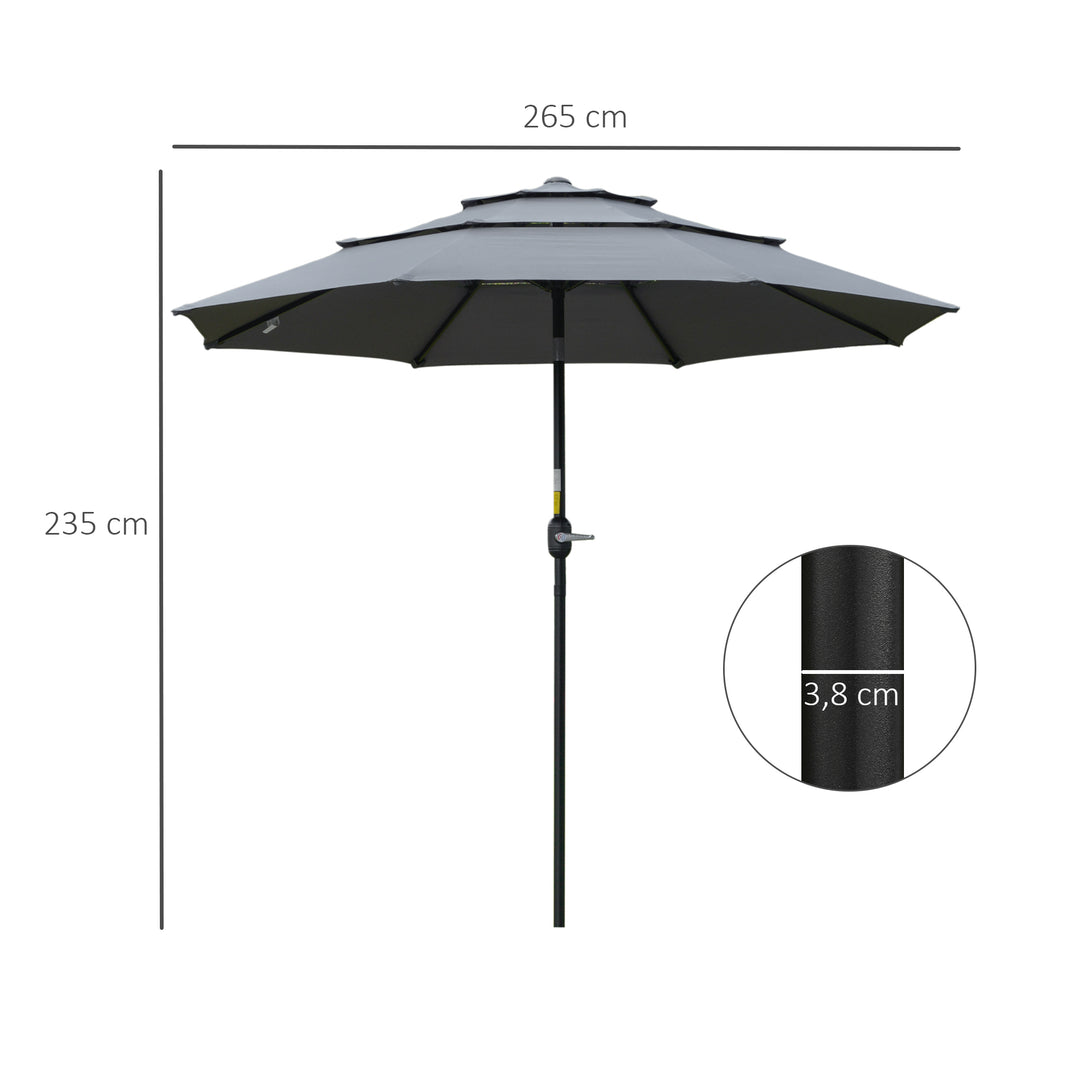 Parasol med 3-lags baldakin håndsving, 8 ribber haveparasol med solbeskyttelse, 260 cm, stål, polyester, mørkegrå
