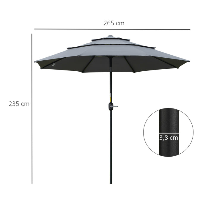 Parasol med 3-lags baldakin håndsving, 8 ribber haveparasol med solbeskyttelse, 260 cm, stål, polyester, mørkegrå