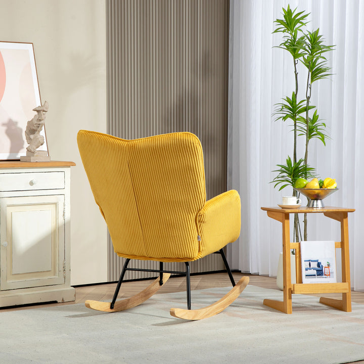 Vintage gyngestol, buede løbere, tykt polstring, bøgetræ og stål, gul