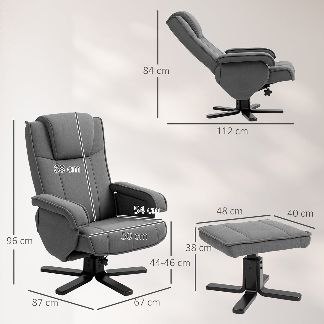 Gyngestol med fodskammel, betræk af fløjlsstof, drejestol med polstring, træstel, grå